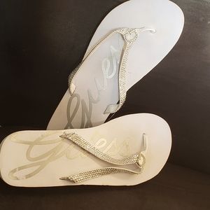 Guess White Jeweled Flip Flops Size 11M